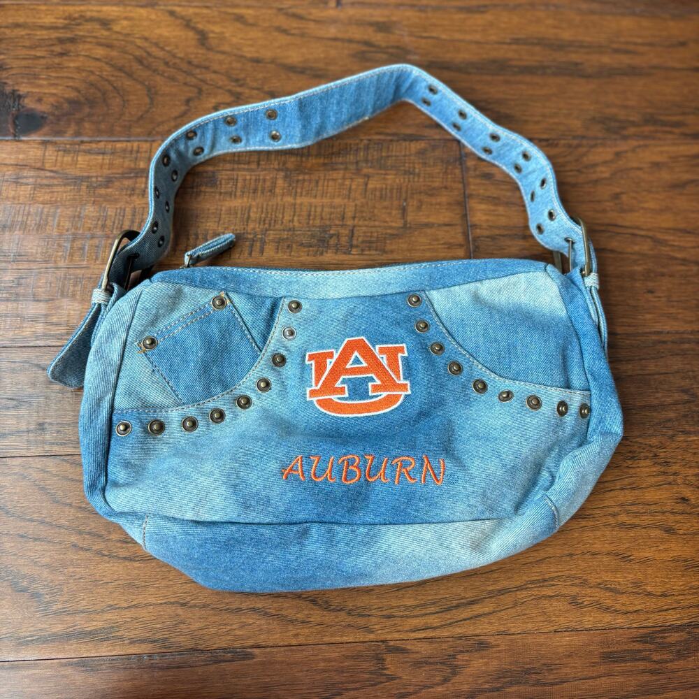 Auburn Tigers Denim Shoulder Bag Y2K Jean Purse Embroidered Logo Studded